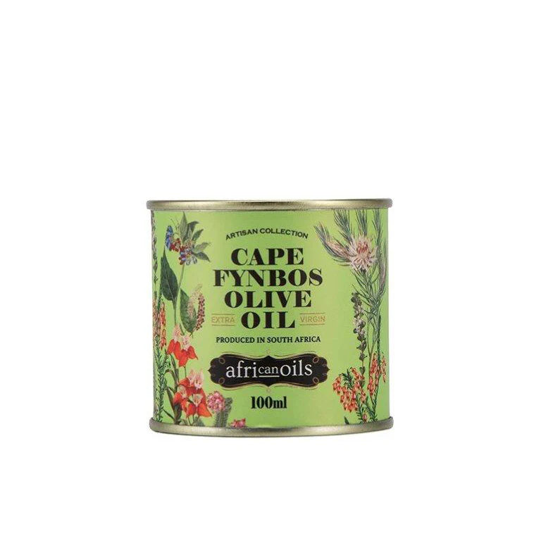 Cape Fynbos Olive Oil can with green label featuring floral designs on a white background
