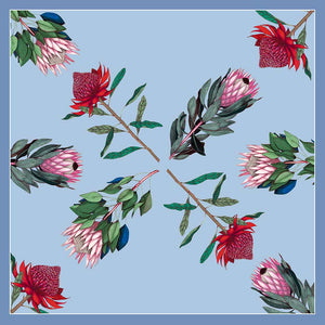 Reversible botanic silk scarf - Protea Flora (silver & sky)