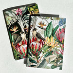 Load image into Gallery viewer, Two decorative notebooks with tropical bird and flower designs on a white background.
