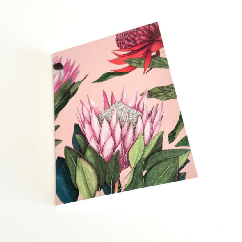 A6 greeting card with pink and red floral design on a light pink background