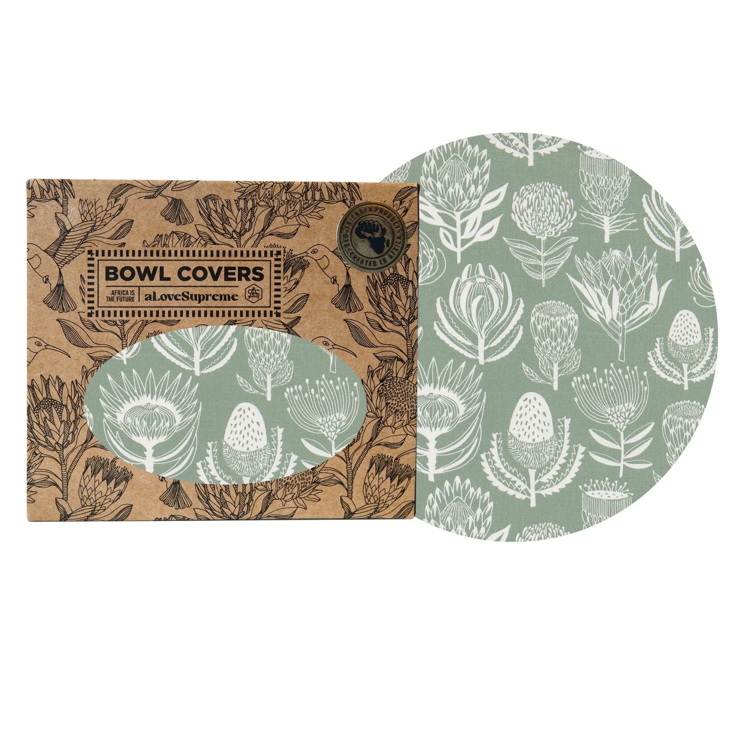 Bowl cover with floral pattern on a cardboard box packaging