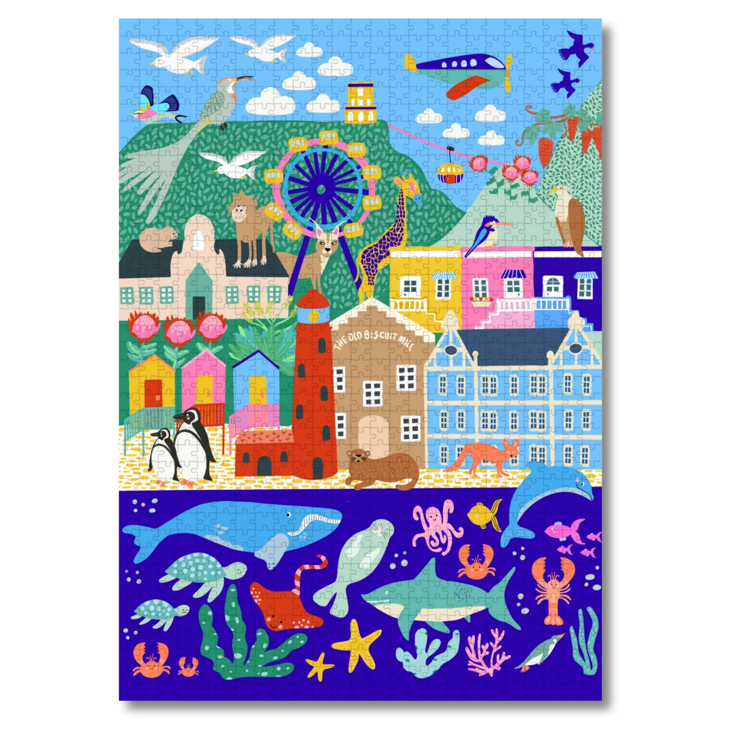 Colorfully illustrated wooden puzzle with a cityscape and underwater scene.