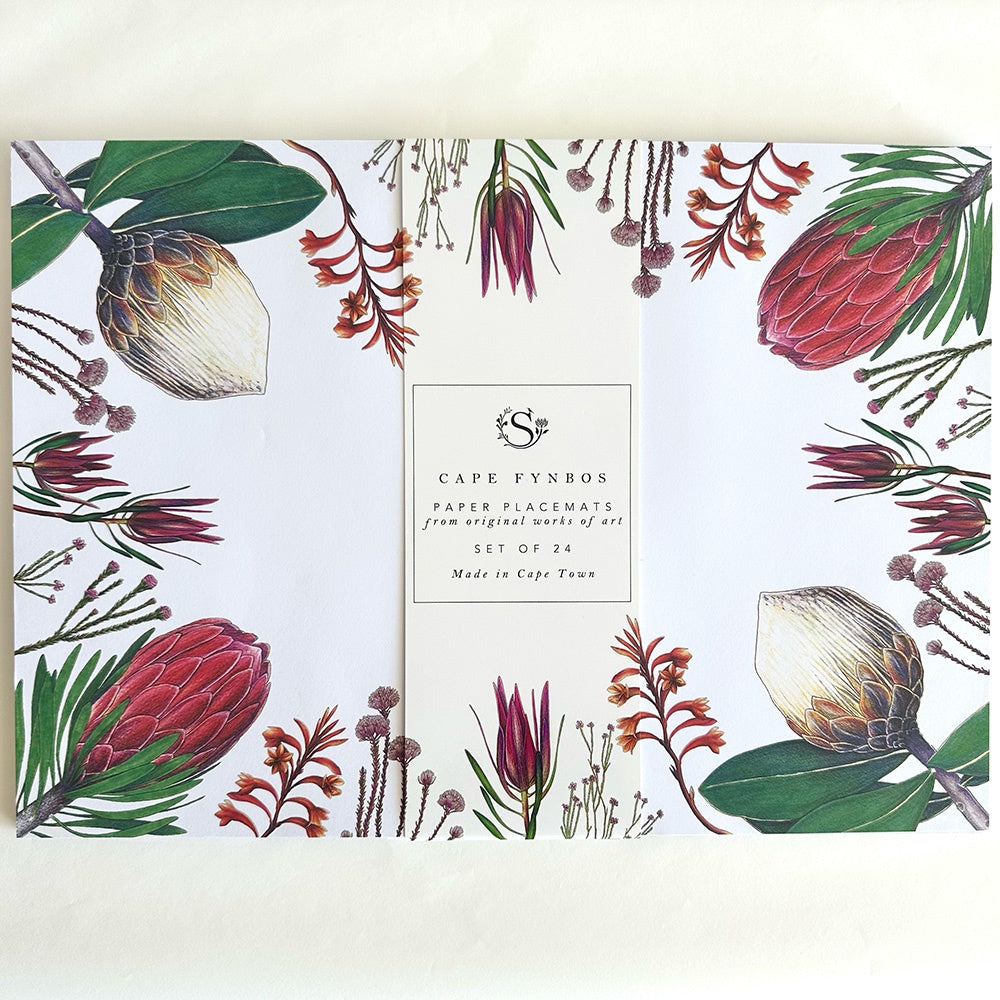 Cape Fynbos paper placemats with fynbos design on a white background