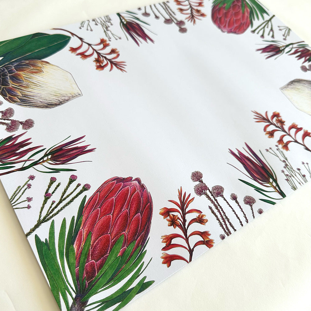 Sheet of paper with a floral pattern featuring red and green flowers on a white background