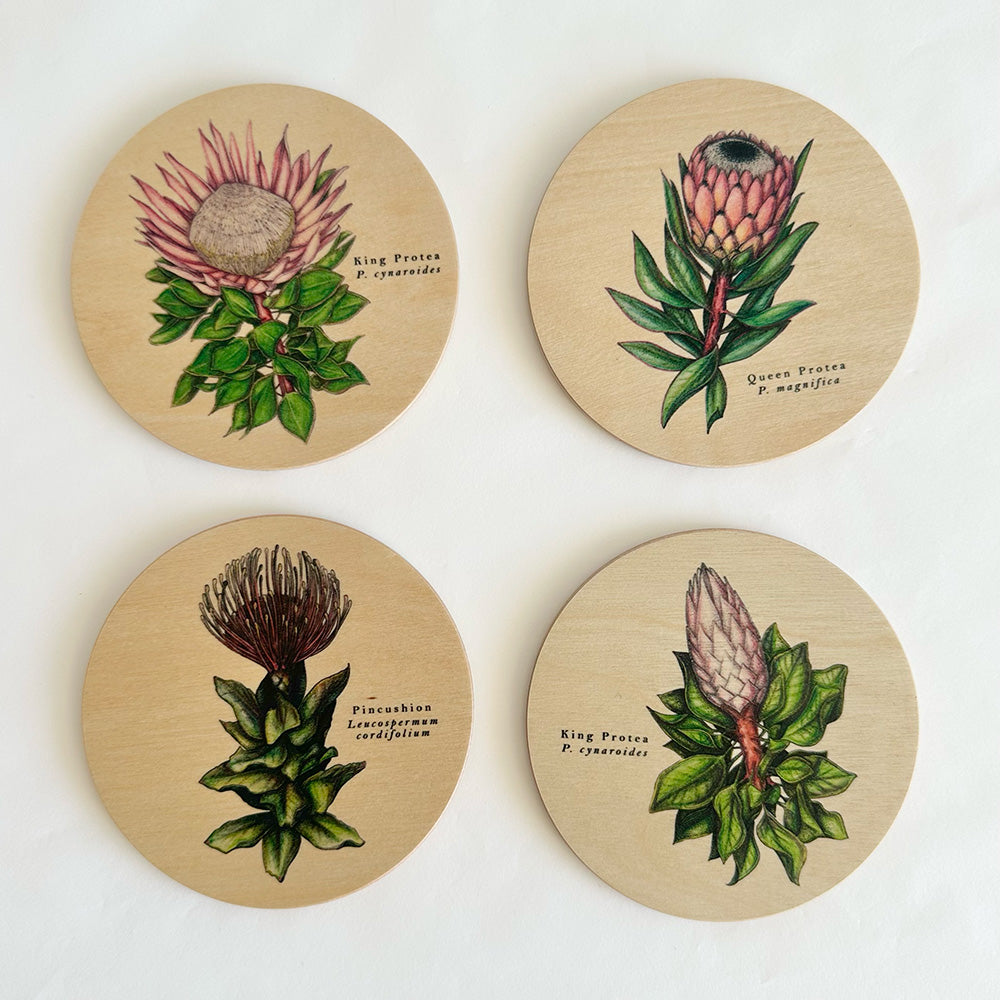 Four wooden coasters with botanical illustrations of flowers on a white background