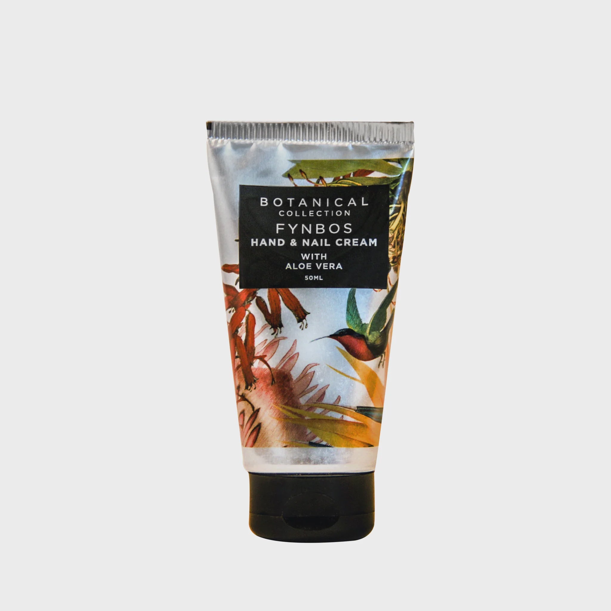 Hand and nail cream tube with botanical design on a white background