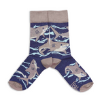 Load image into Gallery viewer, A pair of socks with a blue background featuring great white shark illustrations.
