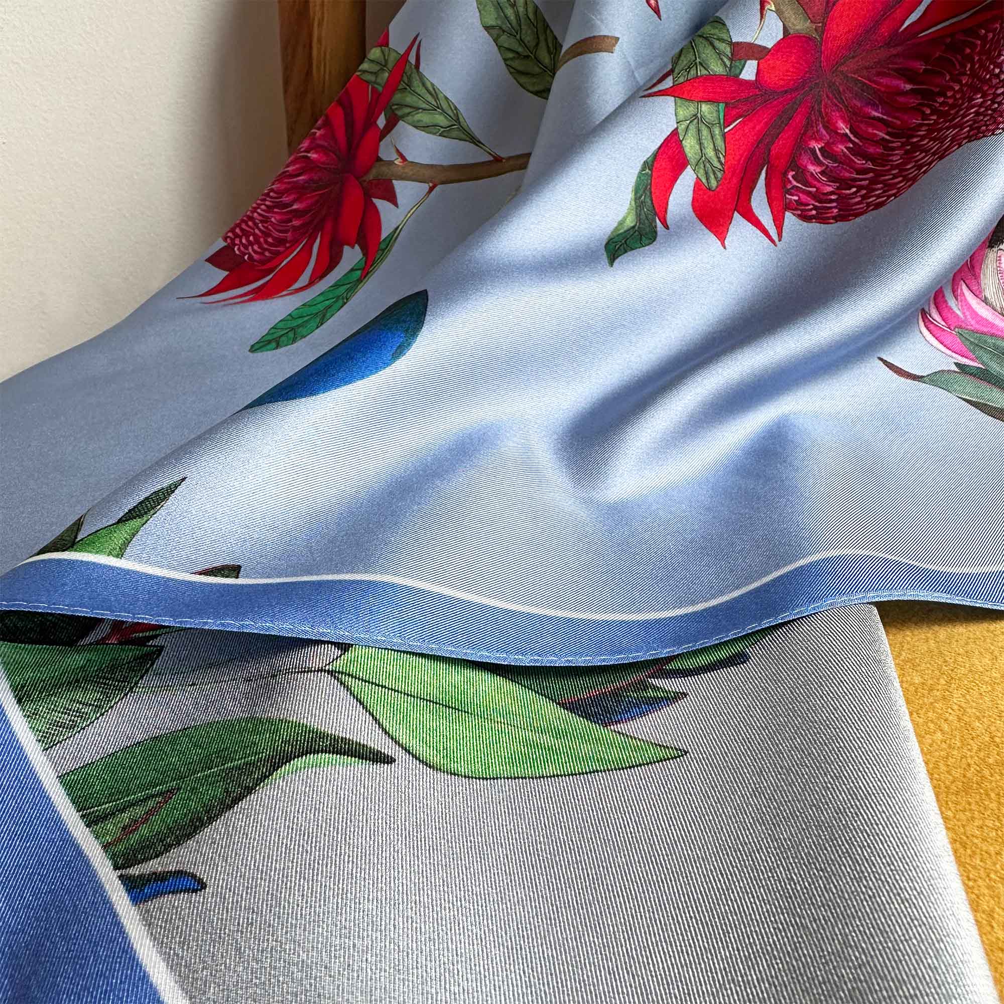Reversible botanic silk scarf - Protea Flora (silver & sky)