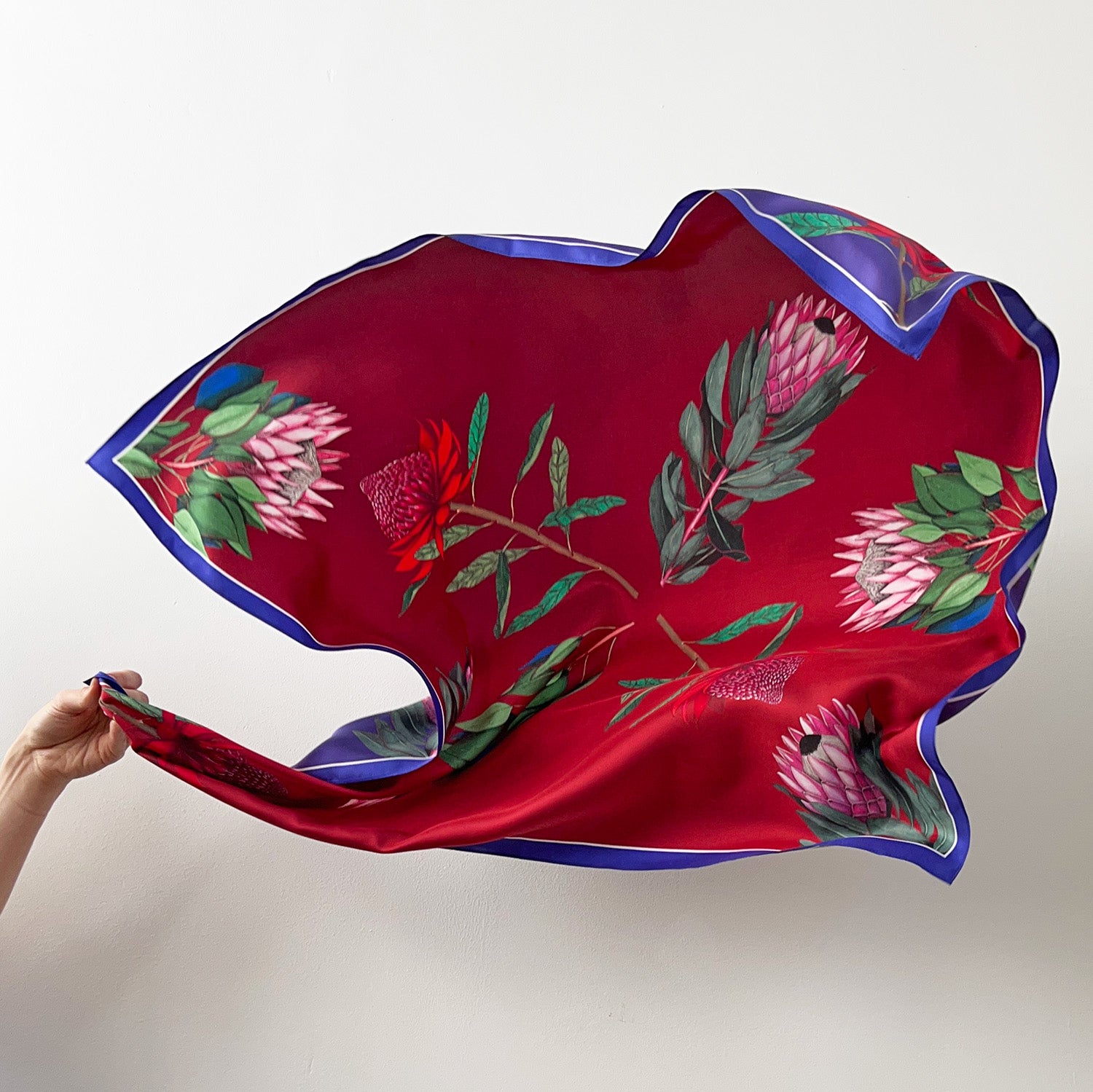 Reversible botanic silk scarf - Protea Flora (scarlet & royal)