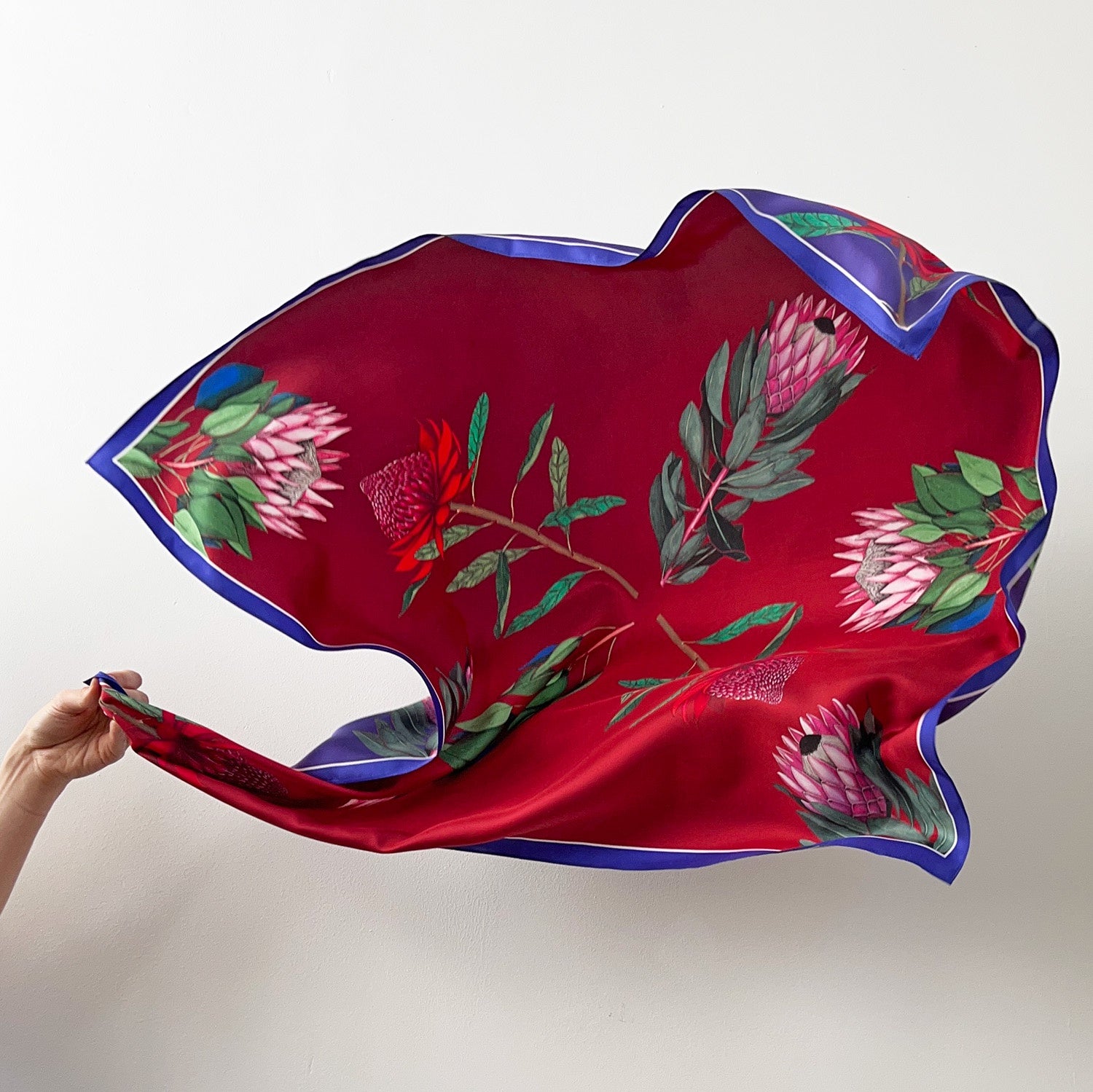 Reversible silk scarf - Protea Flora (scarlet & royal)