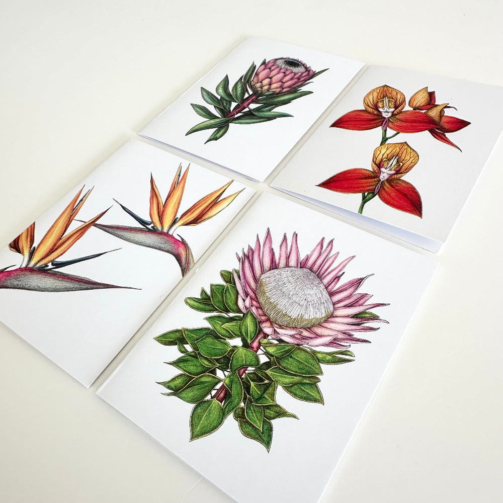 Four cards with floral designs on a white background