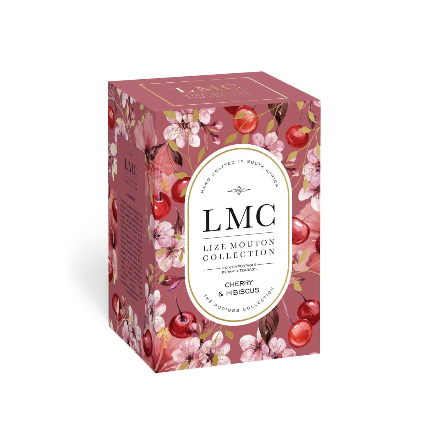 Liz Mouton Collection tea box with cherry and hibiscus design on a white background
