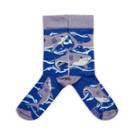 Load image into Gallery viewer, A pair of socks with a blue background featuring great white shark illustrations.
