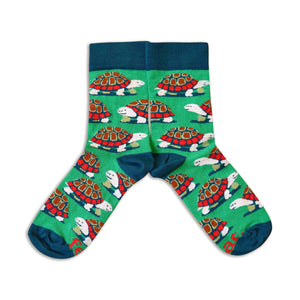 Colorful socks with tortoise pattern on a white background
