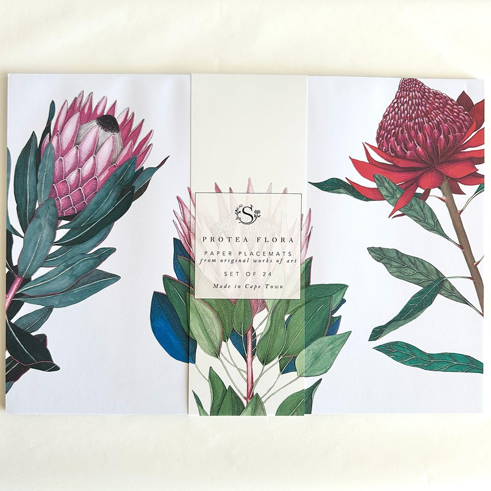 Protea Flora paper placemats with a visible brand logo on a white background