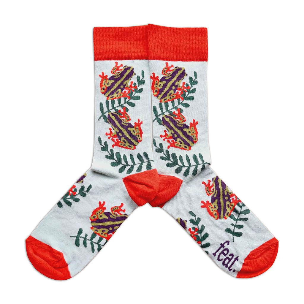 Cotton socks with african reed frogs with red accents