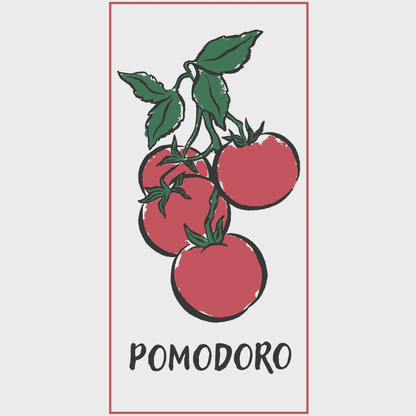 Illustration of red tomatoes on a branch with 'Pomodoro' text on a light gray background