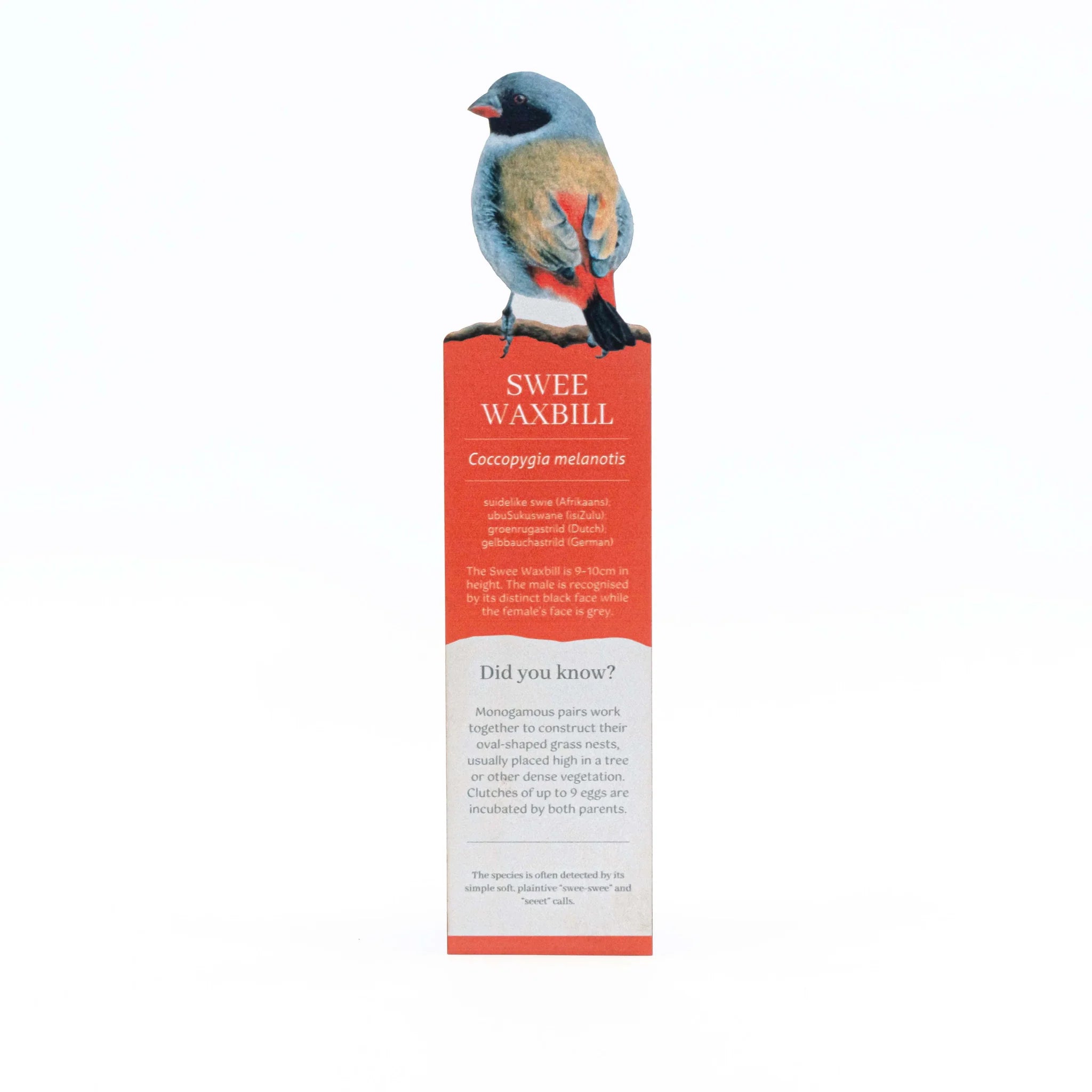 Bookmark with a swee waxbill illustration and text on a white background