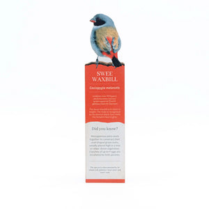 Bookmark with a swee waxbill illustration and text on a white background