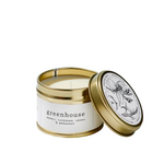 Load image into Gallery viewer, Candle in a gold tin with 'greenhouse' label on a white background
