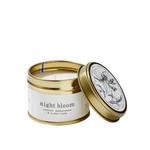 Load image into Gallery viewer, Candle in a gold tin with 'night bloom' label on a white background
