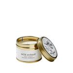 Load image into Gallery viewer, Candle in a gold tin with a white label on a white background
