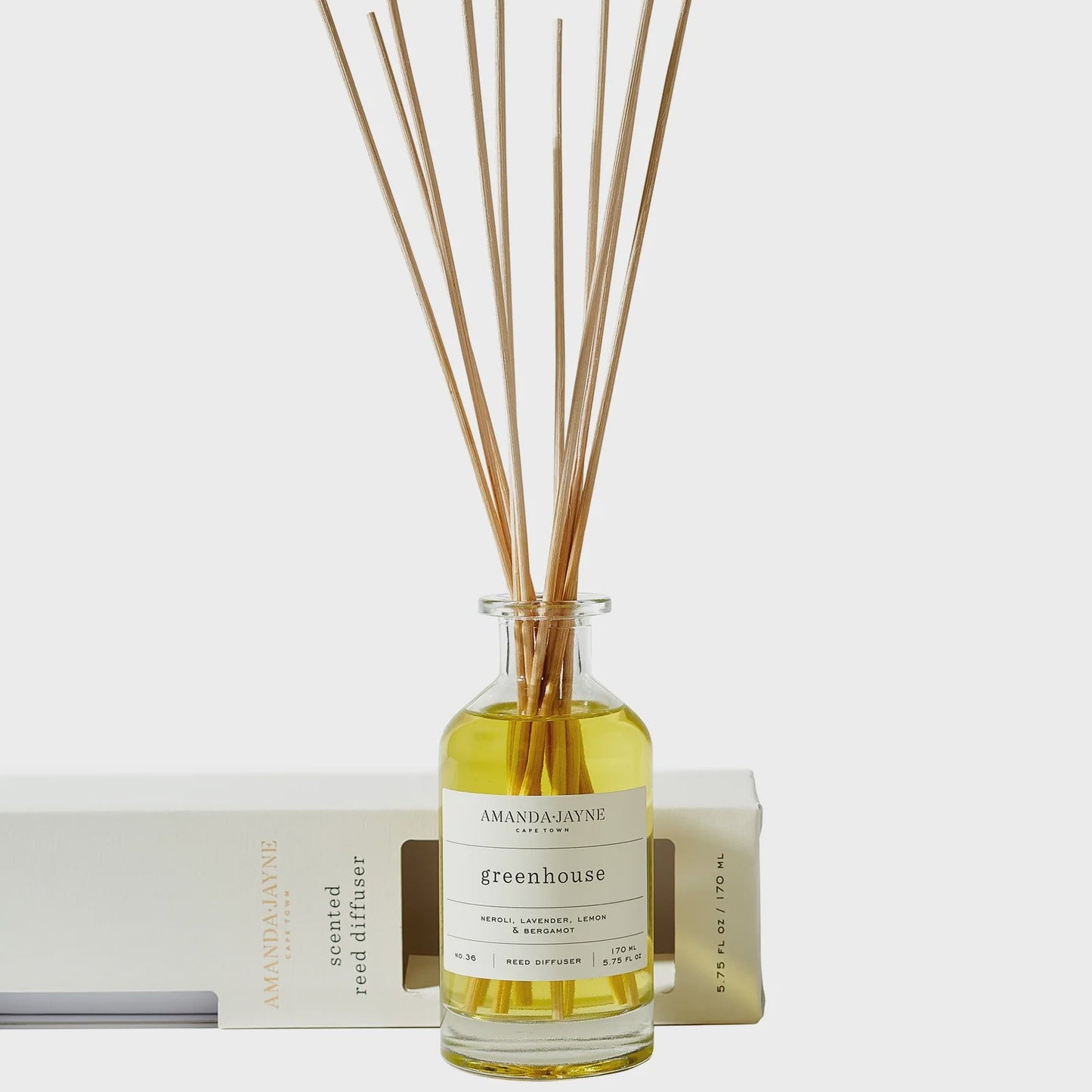 Aromatherapy diffuser with reeds and bottle on a white background