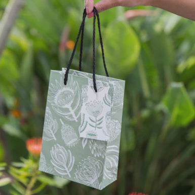 Green gift bag with plant design held by a hand against a blurred natural background