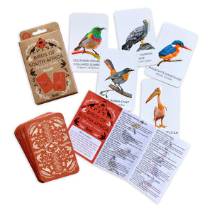 Flatlay of cards with bird illustrations as well as packaging of memory game with orange card backing. 