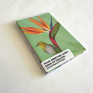 Pack of 4 greeting cards with bird and flower design on a white background