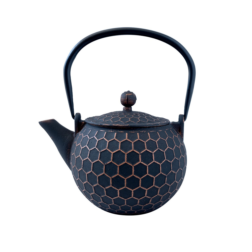 Black cast iron teapot with hexagonal pattern on a white background