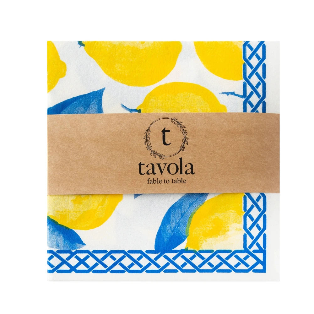 Tavola napkins with lemon design and brand label on a white background