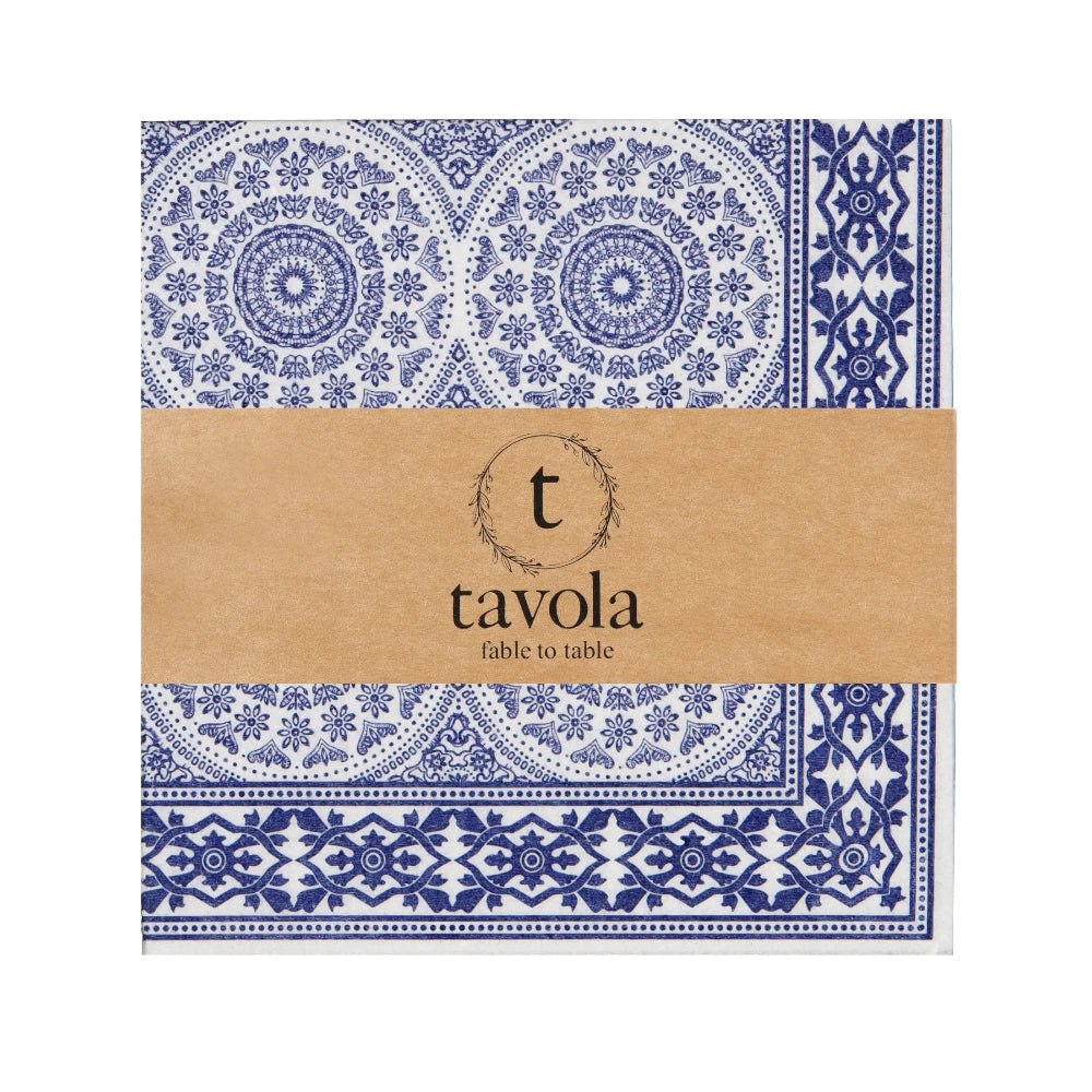 Tavola napkins packaging with blue and white pattern and brown cardboard