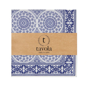 Tavola napkins packaging with blue and white pattern and brown cardboard