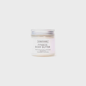 A jar of Fynbos Body Butter with a white label on a white background.