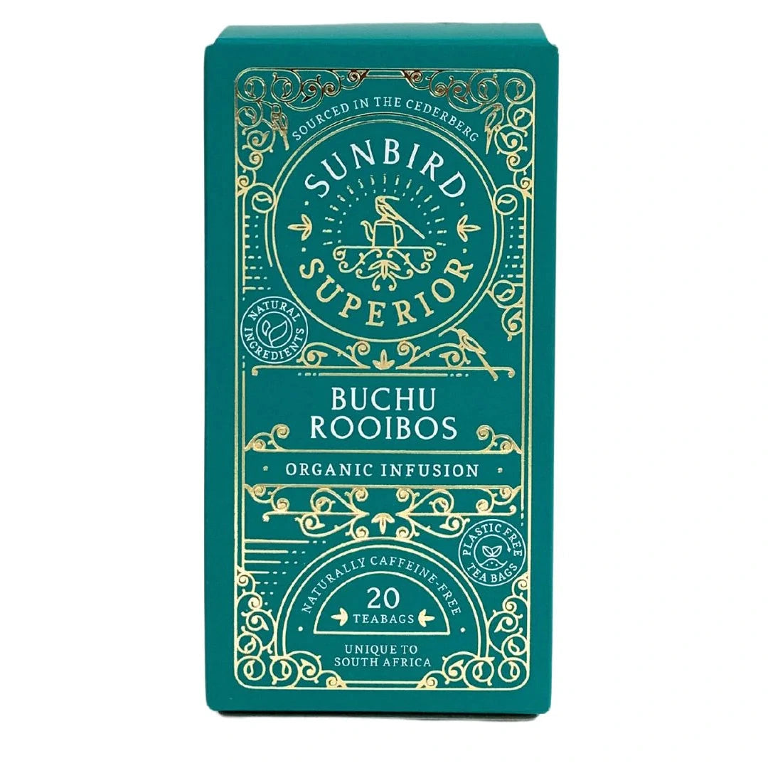 Teal box of Sunbird Buchu Rooibos organic infusion on a white background
