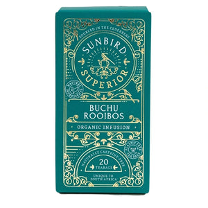 Teal box of Sunbird Buchu Rooibos organic infusion on a white background
