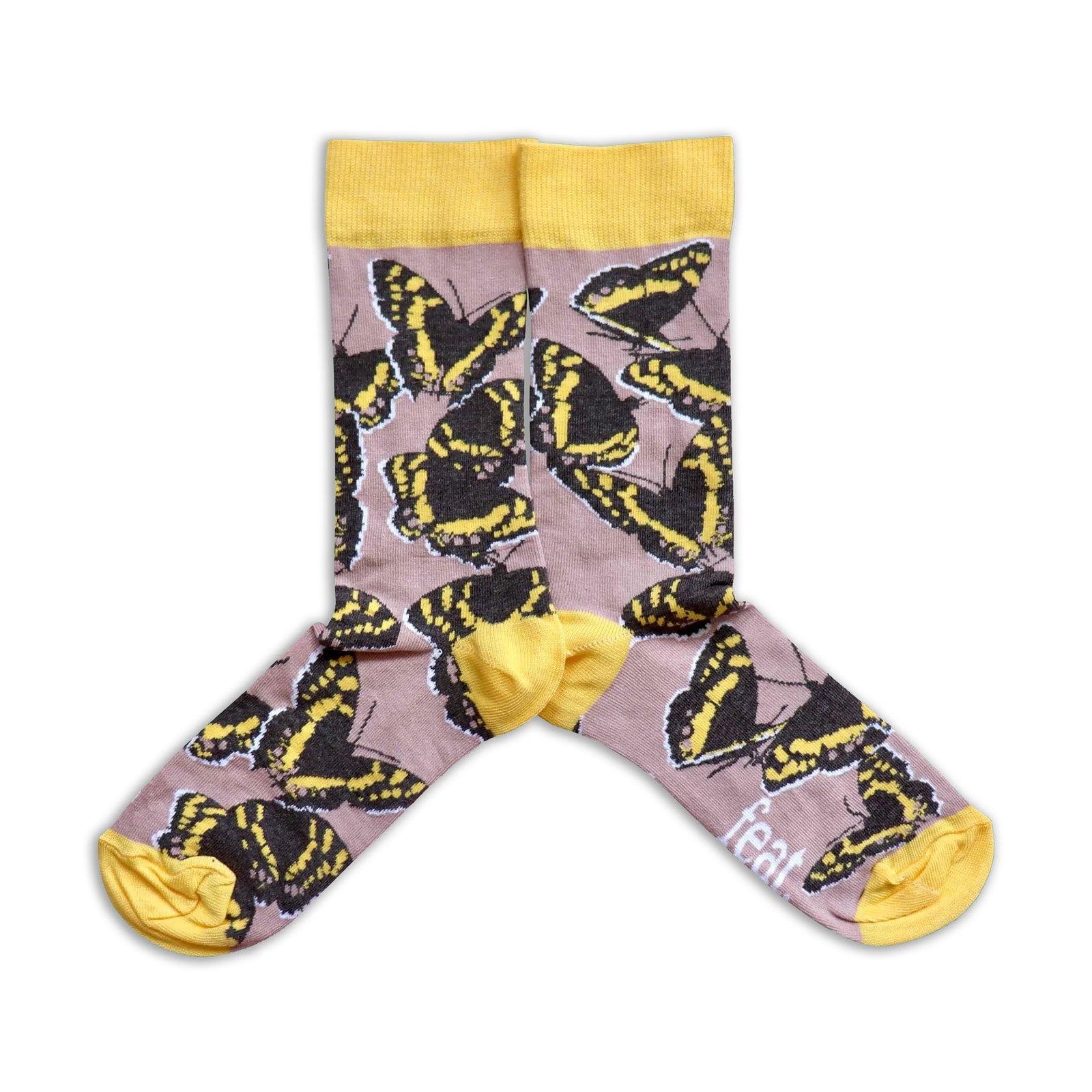 Socks with butterfly pattern and yellow accents on a white background