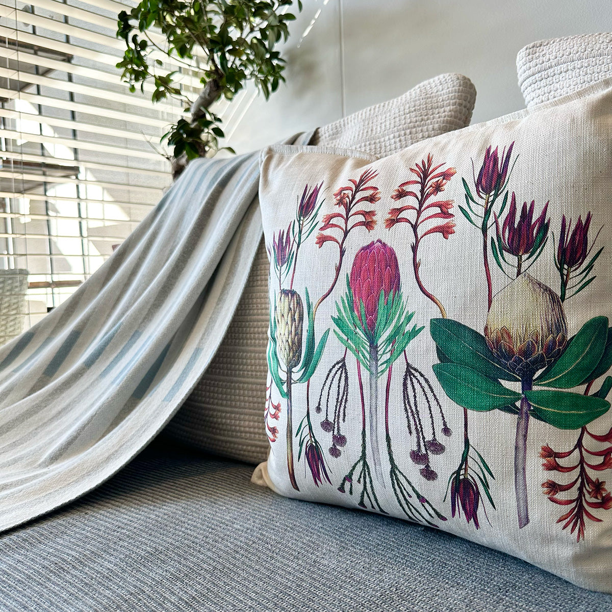 Decorative pillow with fynbos floral design on a couch next to a plant