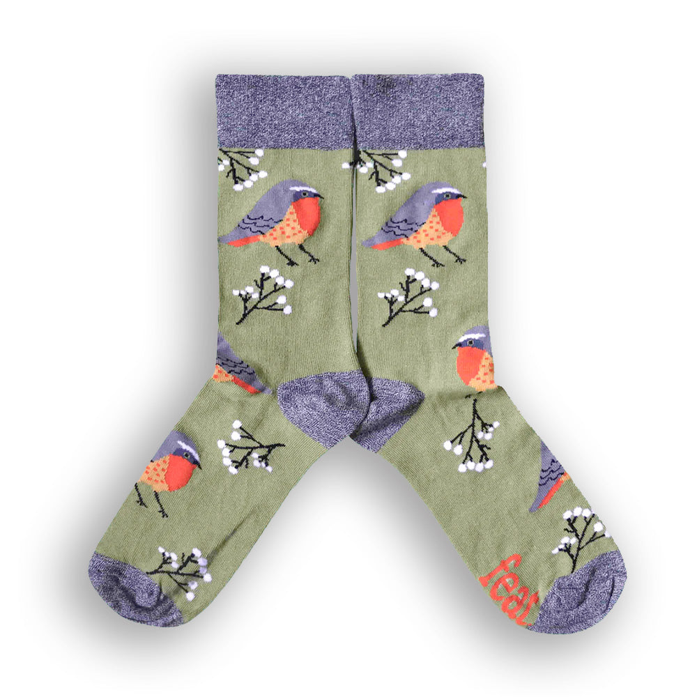 A pair of socks with a green background featuring cape robin bird illustrations.