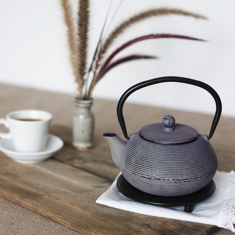 A gray cast iron teapot with a lid and a black handle, designed in a Japanese style with a textured finish.