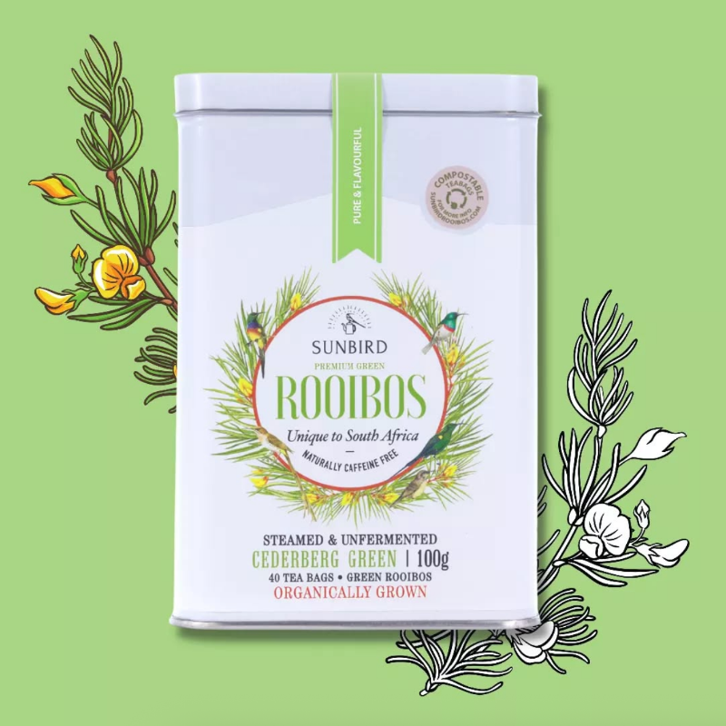Sunbird Rooibos tin packaging on a green background with herbal illustrations