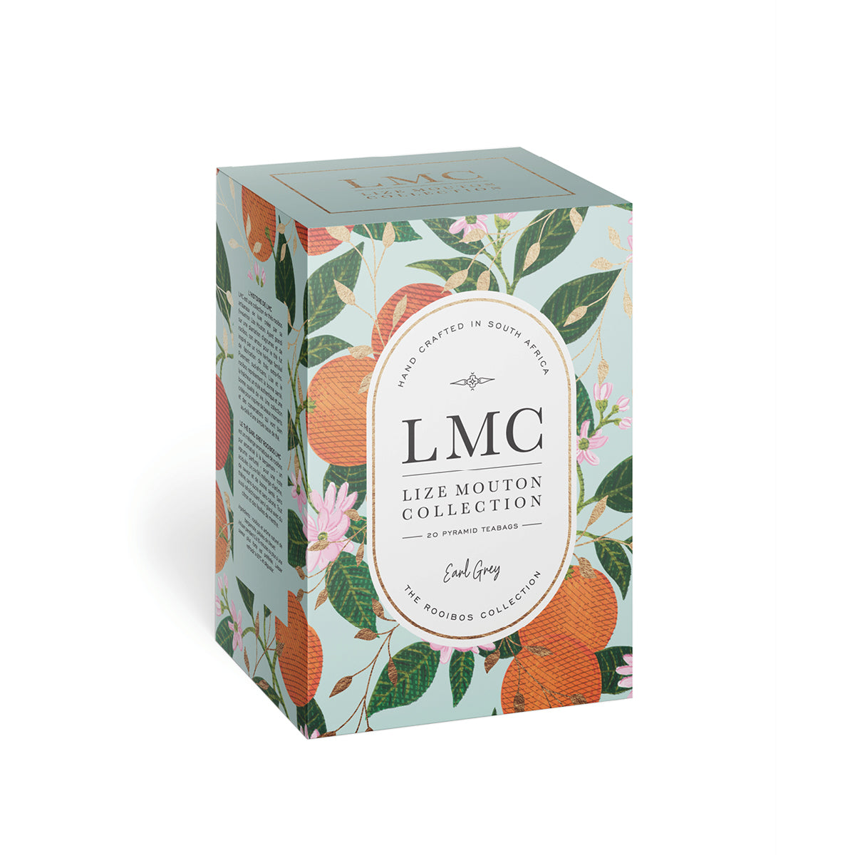 Earl grey tea box with floral design and 'LMC' branding on a white background