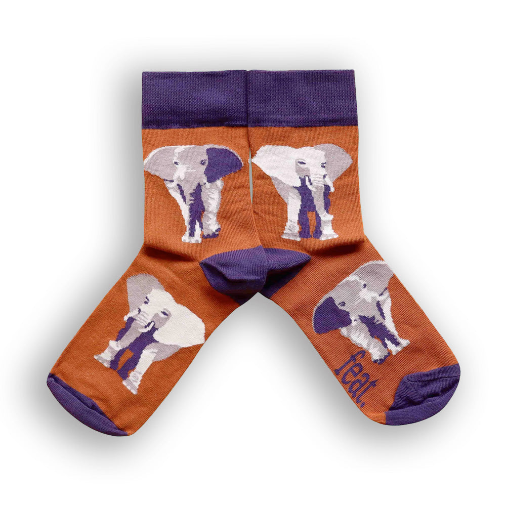 A pair of cotton socks with an African elephant design a rust background.