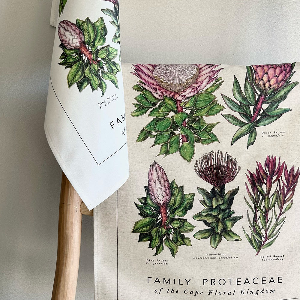 Tea towel with protea design hanging on a wooden hanger next to a book with botanical illustrations.