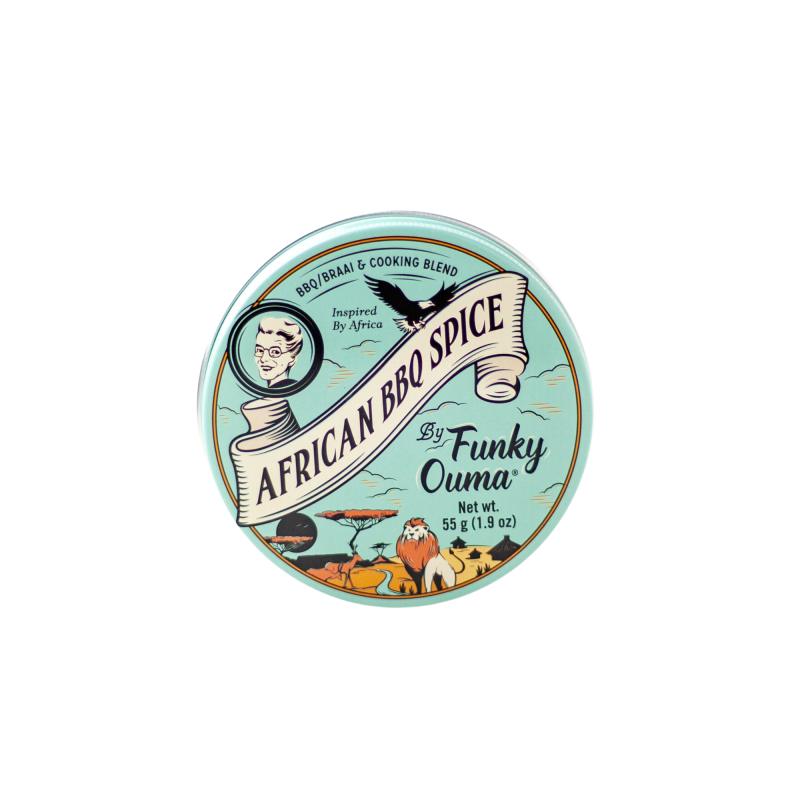 African BBQ Spice container with decorative label on a white background