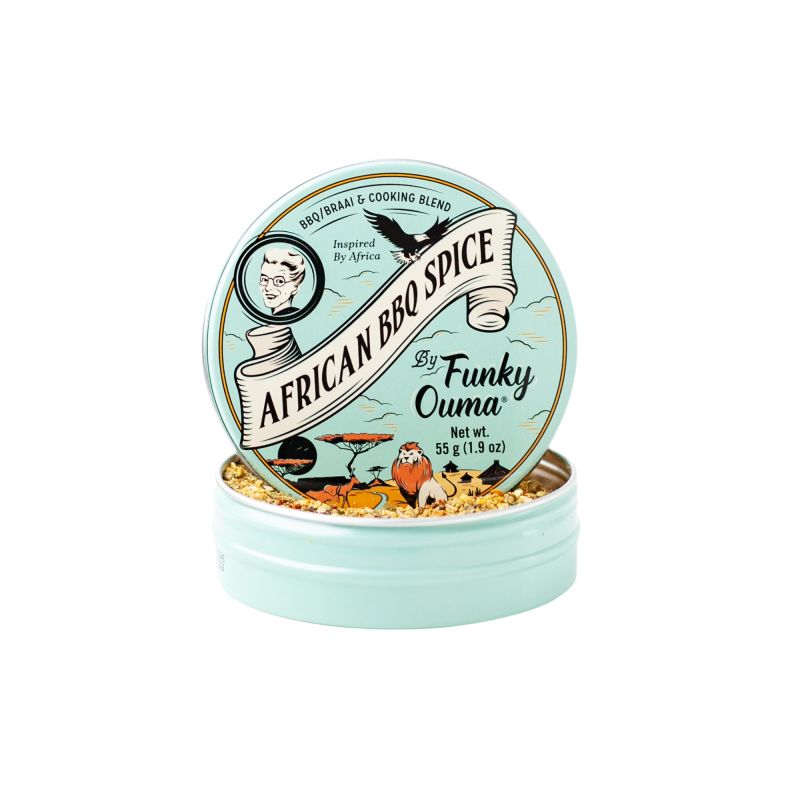 African BBQ Spice container with decorative label on a white background