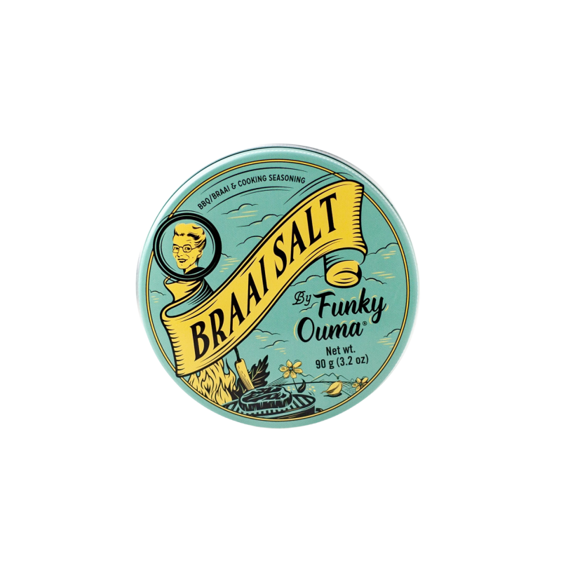 Braai salt by Funky Ouma seasoning container on a white background