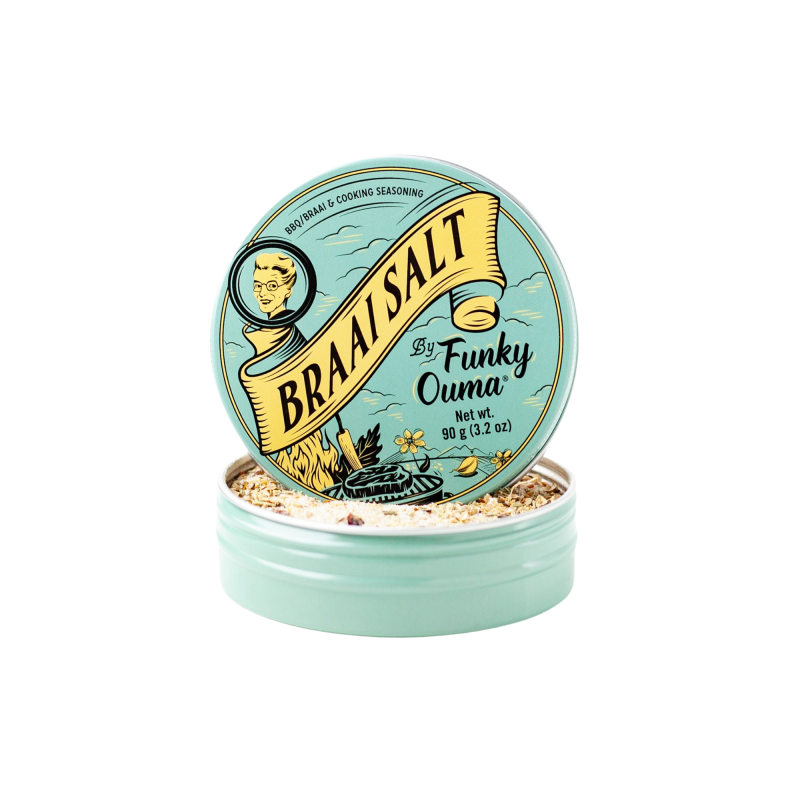 Container of Braai Salt by Funky Ouma with a blue lid on a white background