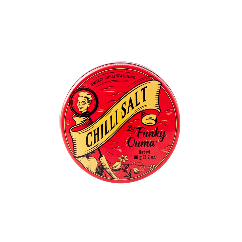 Red container of Chilli Salt by Funky Ouma on a white background